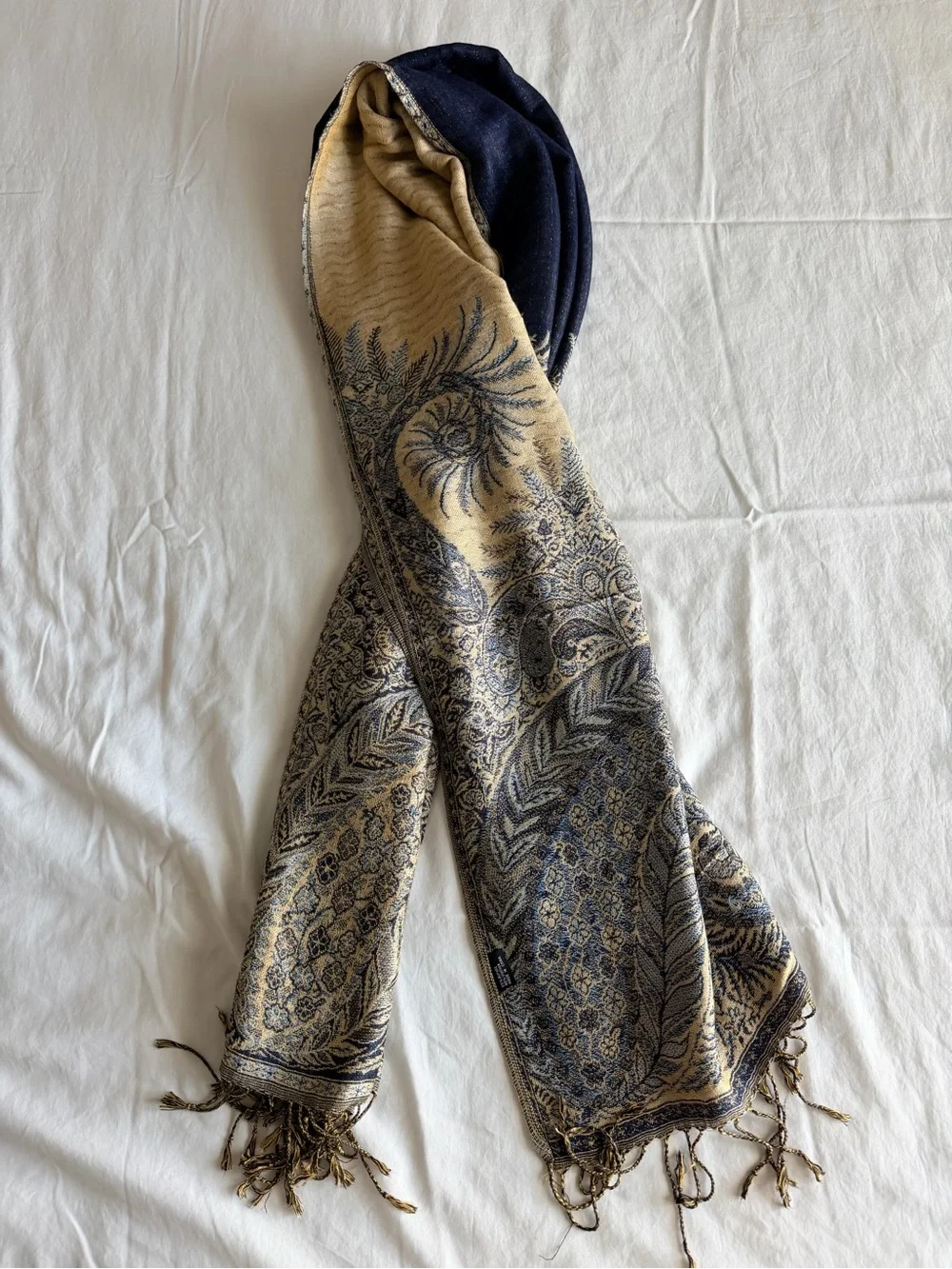 Navy and Gold Paisley Fringed Wrap